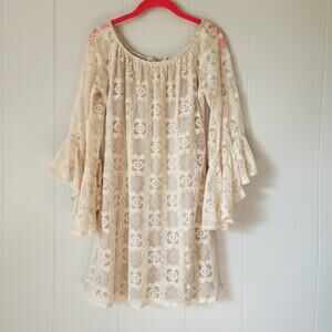 Boho Lace Neutral Western Judith March Bell Sleeve Mini Dress Medium